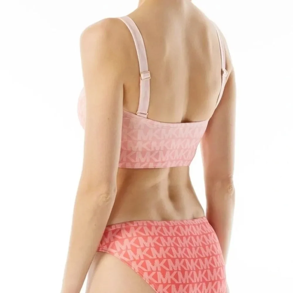 Michael Kors Square Neck Logo Pink Cropped Bikini Top Swimsuit $107